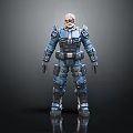 White Haired Human Character In Blue Mechanical Armor Standing Sci Fi Soldier Pose 3d model