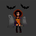 Halloween Themed Scene With Witch Character Bat Decorations And Ghost Figures