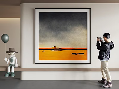Abstract Painting Displayed In Modern Interior With Decor And Photographer 3d model