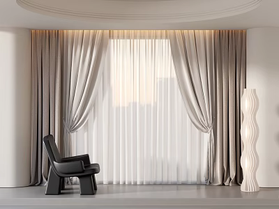 Taupe Draped Curtains With White Sheer In Modern Space Featuring Black Chair And Floor Lamp 3d model