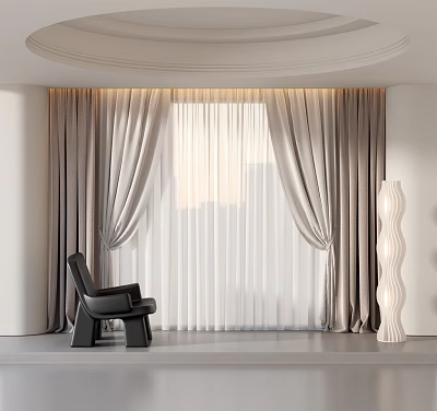 Taupe Draped Curtains With White Sheer In Modern Space Featuring Black Chair And Floor Lamp 3d model
