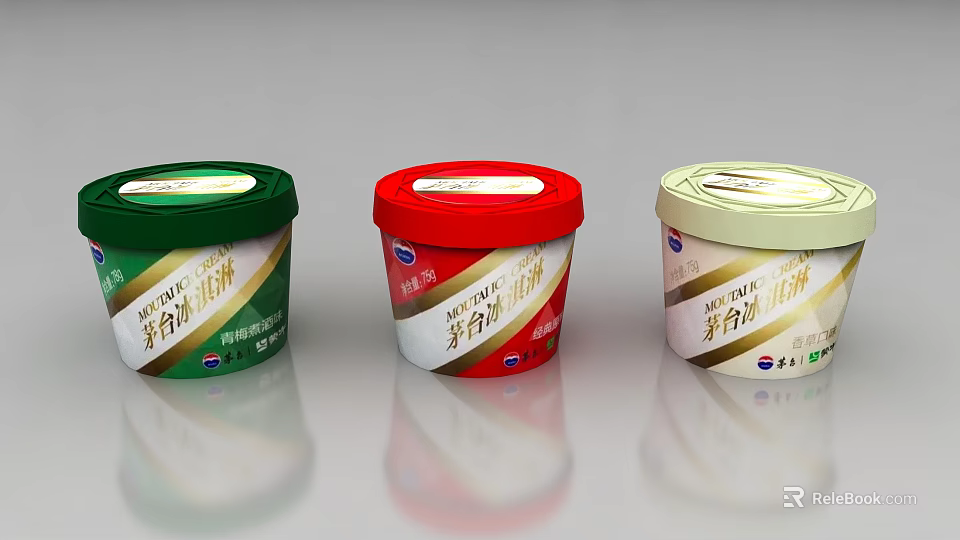 Moutai Ice Cream Packaging Containers in Green Red and Beige Lids 3d model 