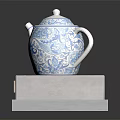 Elegant Gray Furniture Display Base With Golden Plaque And Blue White Floral Teapot