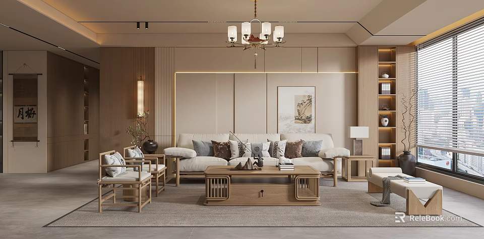 Modern Chinese Living Room With Wooden Sofa Coffee Table Chandelier Decorative Painting And Throw Pillows 3d model 