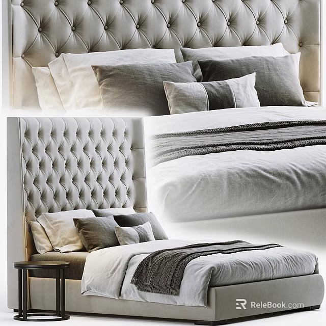 Double Bed With Tufted Headboard Gray And White Pillows Gray Blanket Bedroom Setting 3d model