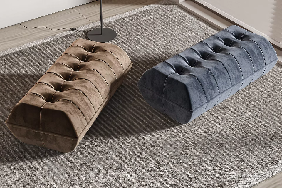 Modern Brown And Blue Velvet Tufted Ottomans On Gray Area Rug 3d model 