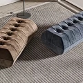 Modern Brown And Blue Velvet Tufted Ottomans On Gray Area Rug