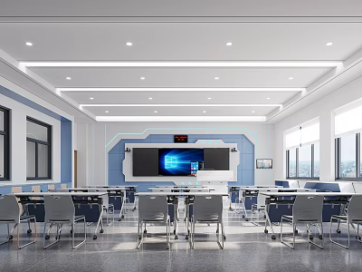 Modern School Classroom With Smart Blackboard Desks Chairs And Bright Windows Environment 3d model