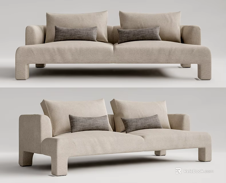 Modern Beige Fabric Two Seater Sofa With Square Legs And Soft Cushions 3d model 