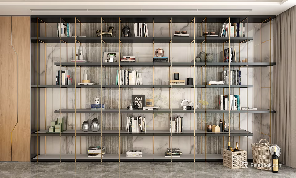 Modern Elegant Multi Tiered Bookcase With Gray And Gold Frame Displaying Books Decorations And Vases 3d model 