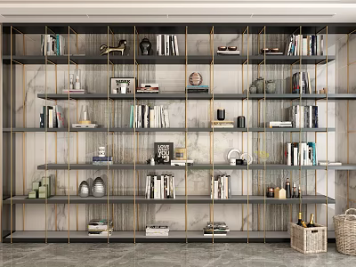 Modern Elegant Multi Tiered Bookcase With Gray And Gold Frame Displaying Books Decorations And Vases 3d model