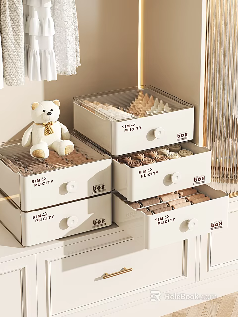 Organized Wardrobe with White Drawer Storage Boxes and Teddy Bear Toy for Clothing Accessories 3d model 