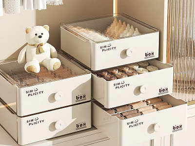Organized Wardrobe with White Drawer Storage Boxes and Teddy Bear Toy for Clothing Accessories 3d model