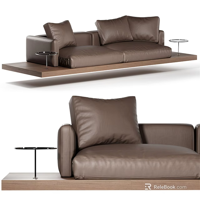 Modern Brown Leather Two Seater Sofa With Floating Platform And Side Tables 3d model