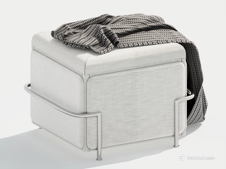 Modern Square Bar Stool with White Fabric Upholstery Metal Frame and Black White Checkered Blanket 3d model 