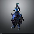 Fantasy Character In Blue Armor Riding Horned Dark Mythical Mount With Blue Accents