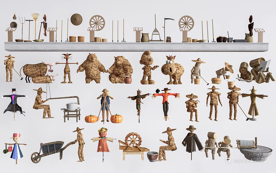 Assorted Garden Ornaments Display With Scarecrows Wheelbarrows Windmills Pumpkins And Farm Tool Models 3d model