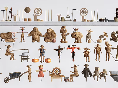 Assorted Garden Ornaments Display With Scarecrows Wheelbarrows Windmills Pumpkins And Farm Tool Models 3d model