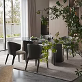 Modern Luxury Natural Marble Dining Table Set With Stylish Comfortable Upholstered Fabric Dining Chairs