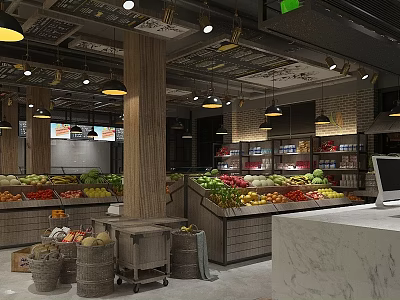 Supermarket Department Store Interior With Fresh Fruit Vegetable Displays Shelves Pendant Lights And Wooden Pillars 3d model