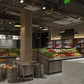 Supermarket Department Store Interior With Fresh Fruit Vegetable Displays Shelves Pendant Lights And Wooden Pillars