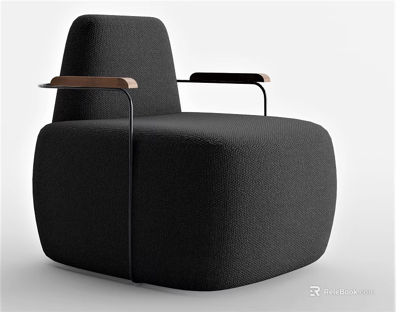 Black Upholstered Single Sofa With Modern Design And Wooden Armrests 3d model 