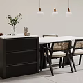 Modern Dining Area With Black Cabinet White Marble Countertop Woven Chairs And Pendant Lights