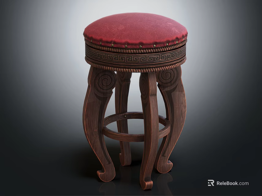Elegant Wooden Stool with Red Cushion and Intricate Carved Legs 3d model 