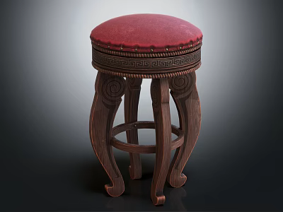 Elegant Wooden Stool with Red Cushion and Intricate Carved Legs 3d model