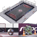 Outdoor Fenced Soccer Field With Artificial Turf Red Areas Center Mark Lighting And Benches