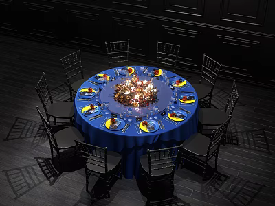 Round Dining Table With Blue Tablecloth Surrounded By Black Chairs Set With Plates And Centerpiece 3d model