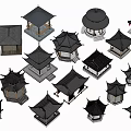 Traditional Garden Pavilions With Various Roof Styles And Miniature Models