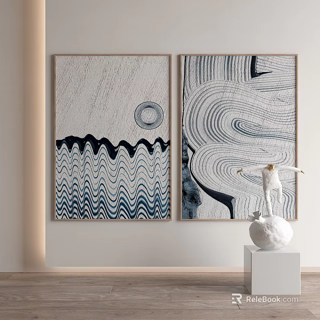 Modern Interior With Abstract Paintings Featuring Wavy Patterns And White Sculpture 3d model