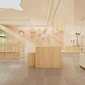 Charming Mall Shop Interior With Curved Shelves Product Displays Soft Tones And Decorative Stools