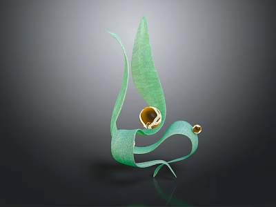 Cartoon Scene With Green Leaf Like Sculpture And Golden Circular Decorations On Dark Background 3d model