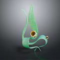 Cartoon Scene With Green Leaf Like Sculpture And Golden Circular Decorations On Dark Background