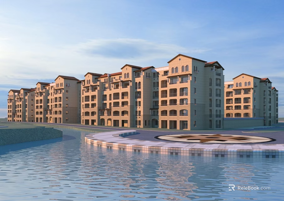 Modern Residential Building Exterior with Multi Floor Design Water Area Scenic Reflection under Blue Sky 3d model 