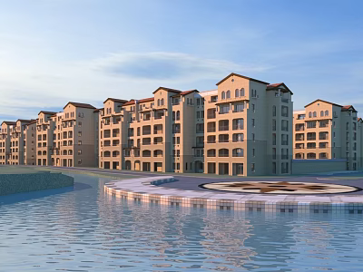 Modern Residential Building Exterior with Multi Floor Design Water Area Scenic Reflection under Blue Sky 3d model