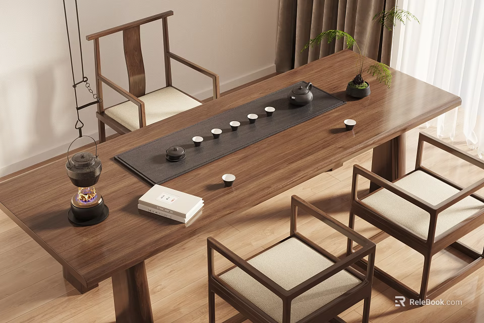 Traditional Wooden Tea Table and Chairs With Tea Set Teacups Book and Potted Plant 3d model 