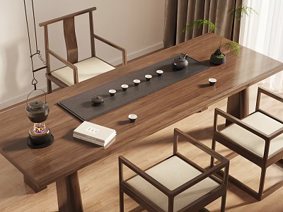 Traditional Wooden Tea Table and Chairs With Tea Set Teacups Book and Potted Plant 3d model