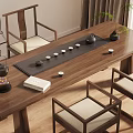Traditional Wooden Tea Table and Chairs With Tea Set Teacups Book and Potted Plant