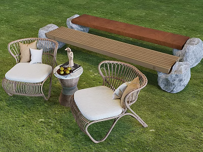Outdoor Wicker Chairs With White Cushions Bench And Small Round Table On Green Lawn 3d model