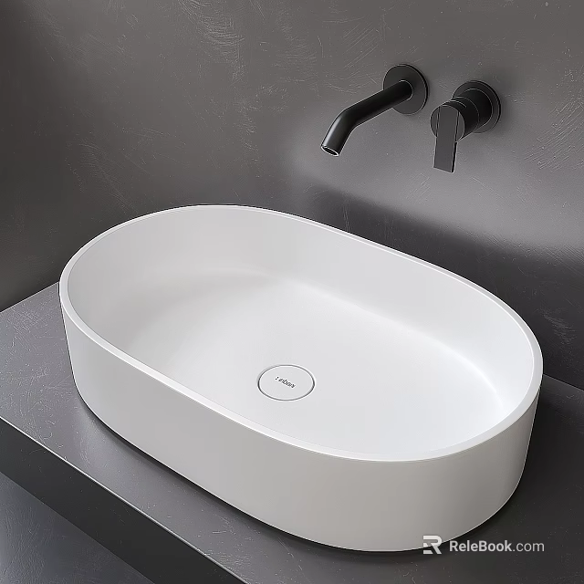 White Oval Countertop Washbasin with Black Faucet on Grey Bathroom Countertop 3d model 