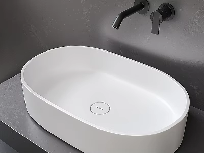White Oval Countertop Washbasin with Black Faucet on Grey Bathroom Countertop 3d model