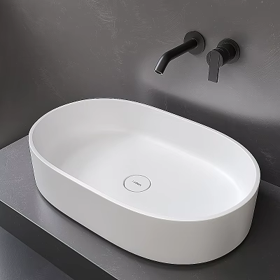 White Oval Countertop Washbasin with Black Faucet on Grey Bathroom Countertop 3d model