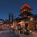 Ancient Style Commercial Street With Traditional Architecture Red Lanterns And Evening Pedestrians