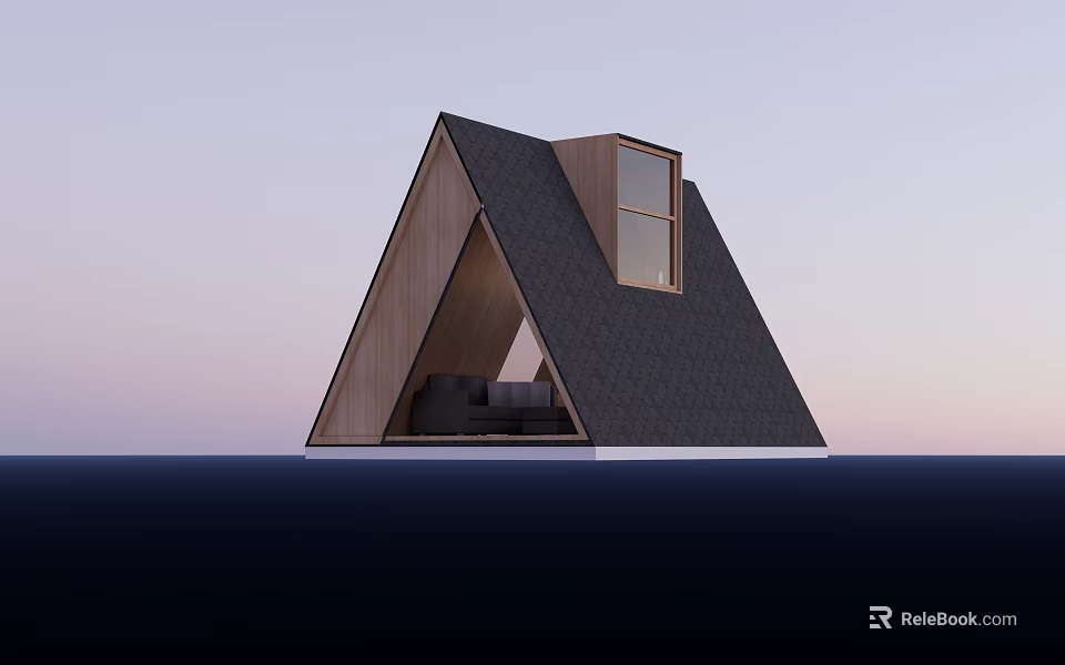 Wooden House With Triangular Roof Dormer Window And Interior Sofa By Sunset Water Surface 3d model 