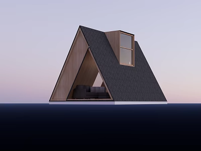 Wooden House With Triangular Roof Dormer Window And Interior Sofa By Sunset Water Surface 3d model
