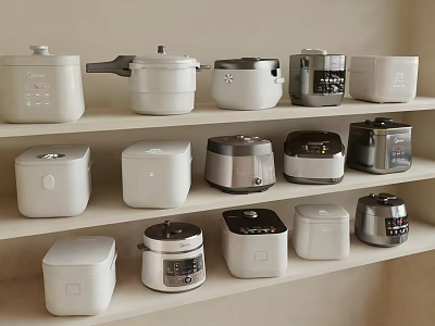 Neatly Organized Kitchen Appliances On Shelves With Various Types And Designs 3d model