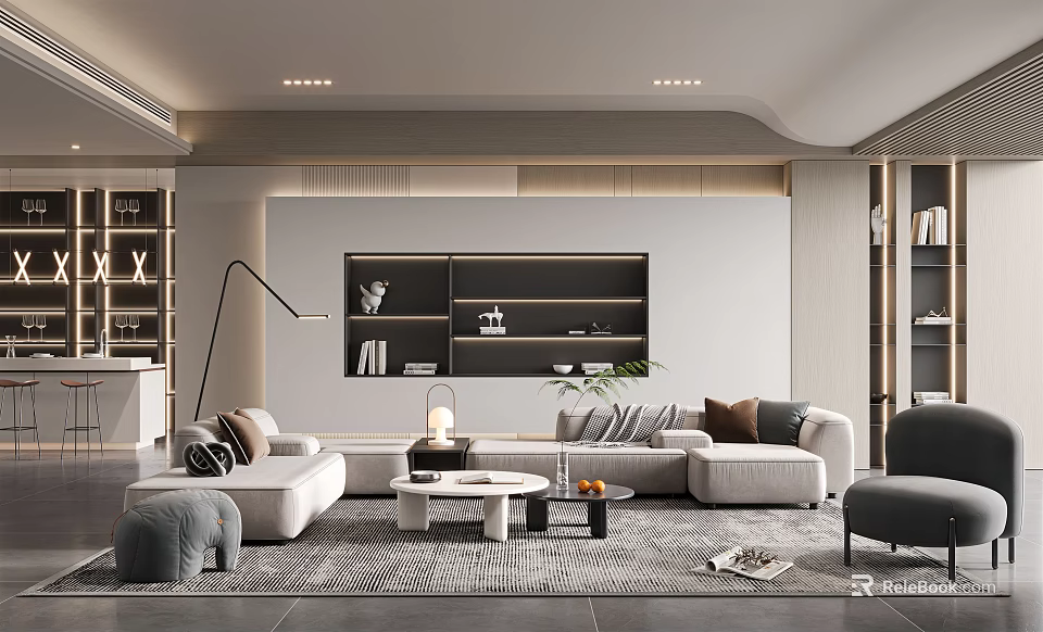 Modern Living Room Interior Design With Sofa Coffee Tables Wall Shelves And Ceiling Lights 3d model 